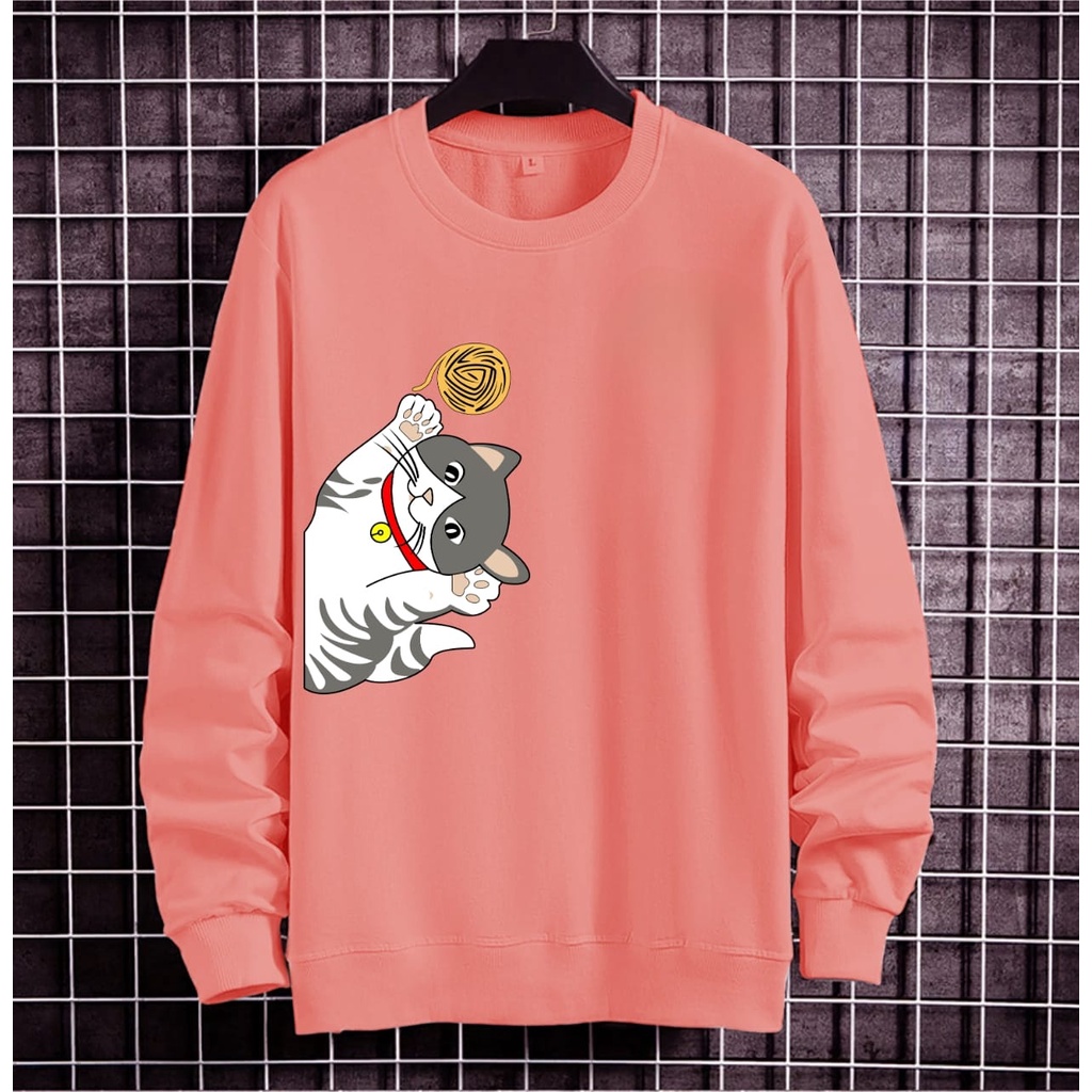 JOSJOLI_STORE/Baju Sweater Kucing Samping/Atasan Pria Dewasa Lengan Panjang/L XL