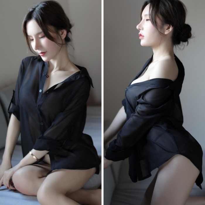 SL009 Sexy lingerie kemeja transparan baju tidur sexy wanita - Putih, L