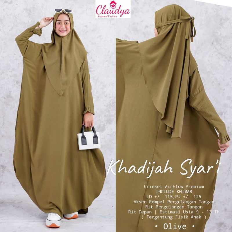 khadijah syari kids usia 9-13 tahun ori claudya / setelan gamis dan jilbab anak perempuan / set gami
