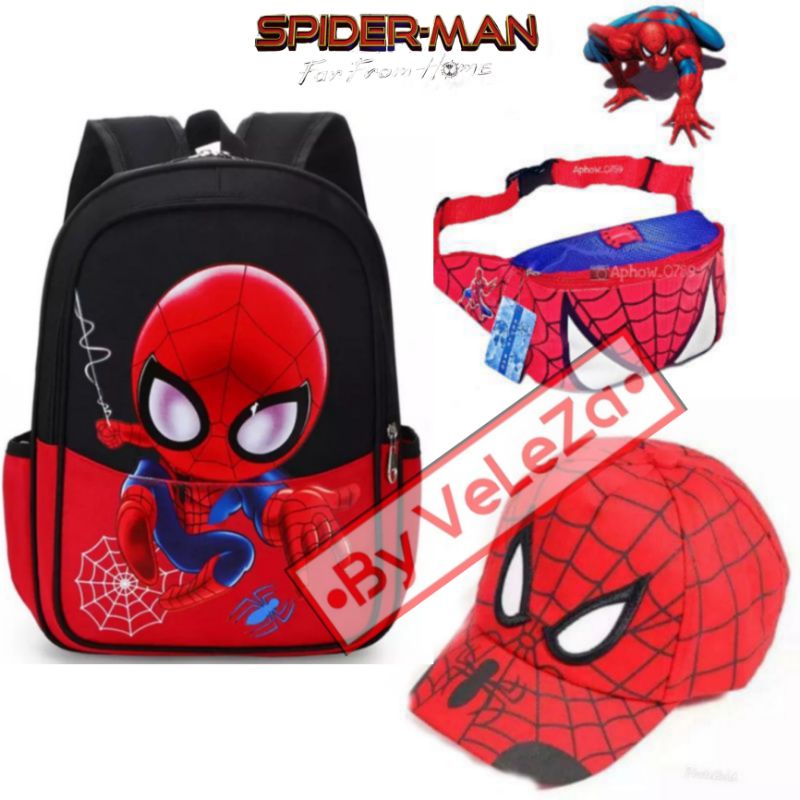 Tas ransel anak canvas karakter Spiderman gratis waistbag topi jam tangan - tas anak