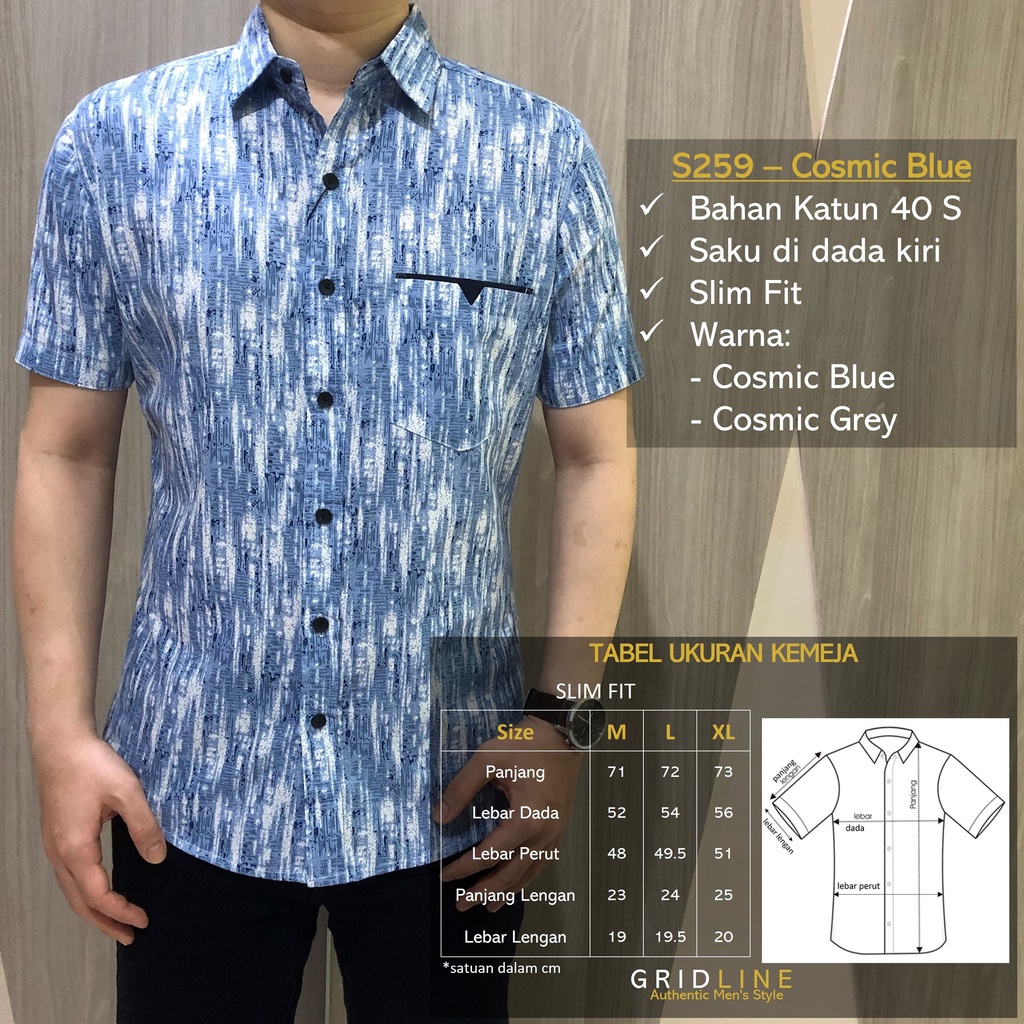 [GRIDLINE - S259 Cosmic Grey - S340 Bronze Navy] Kemeja Pria Slimfit Katun Lengan Pendek Print Fashion Modern