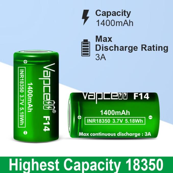 Baterai 18350 Vapcell F14 - 1400 mAh 3A | 100% Original