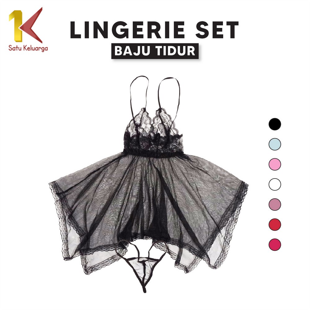 1K Set Lingerie Wanita + G String Tanpa Lengan Deep V Neck Bahan Lace P405 Dress Women Style Transpa