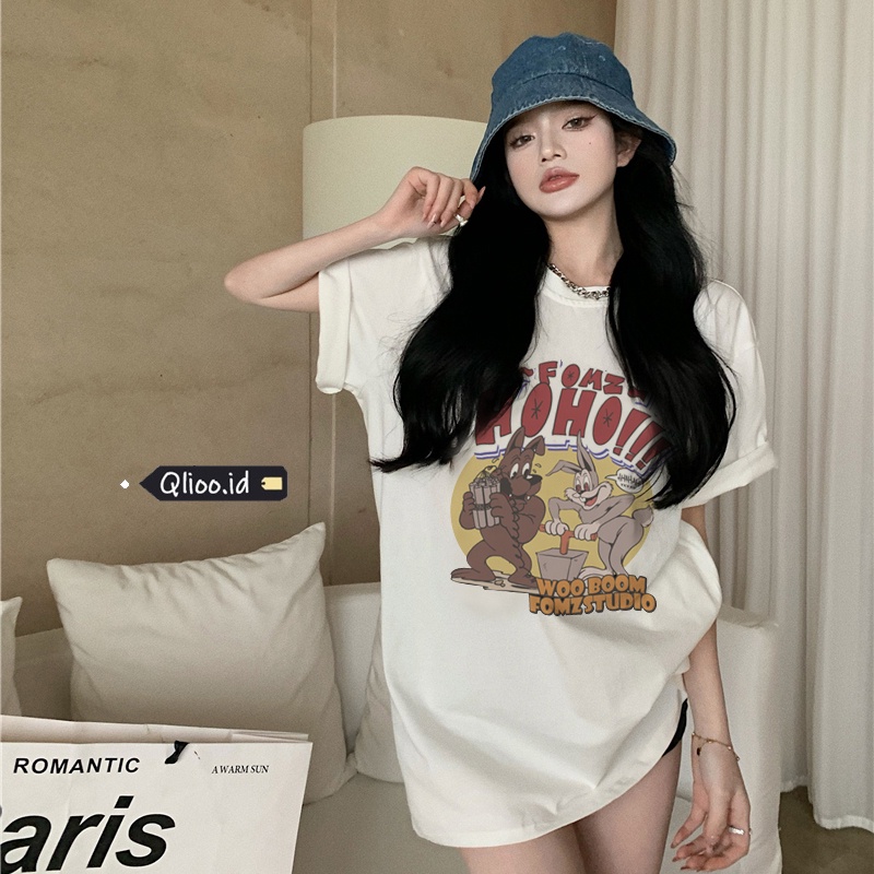 Print T-shirt Kaos Lengan Pendek Cartoon Anime Rabbit Dog Atasan Wanita Korean Style