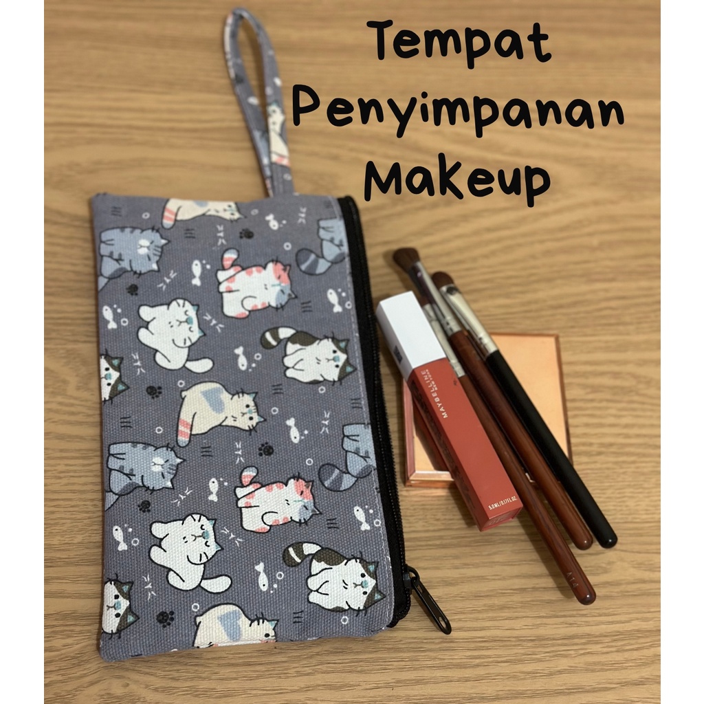 Pouch Tempat Pensil Motif Lucu Dompet Serbaguna Kanvas Tali Handle Bag Lucu Mini Murah Dengan Resleting Pouch Serbaguna Motif Bahan Kanvas Zipper Dengan Tali