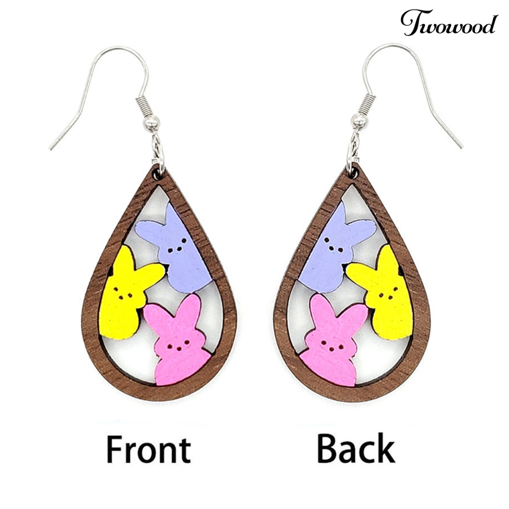 Twowood 1pasang Anting Kait Tetesan Air Berbentuk Hollow Kayu Hadiah Fashion Perhiasan Warna-Warni Bunny Kelinci Menjuntai Anting Untuk Paskah