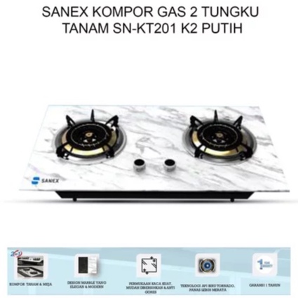 SANEX Kompor Tanam &amp; Meja Kaca 2 Tungku 2 In 1 Marble Series SN-KT201 Api Tornado Warna Hitam &amp; Putih Marmer