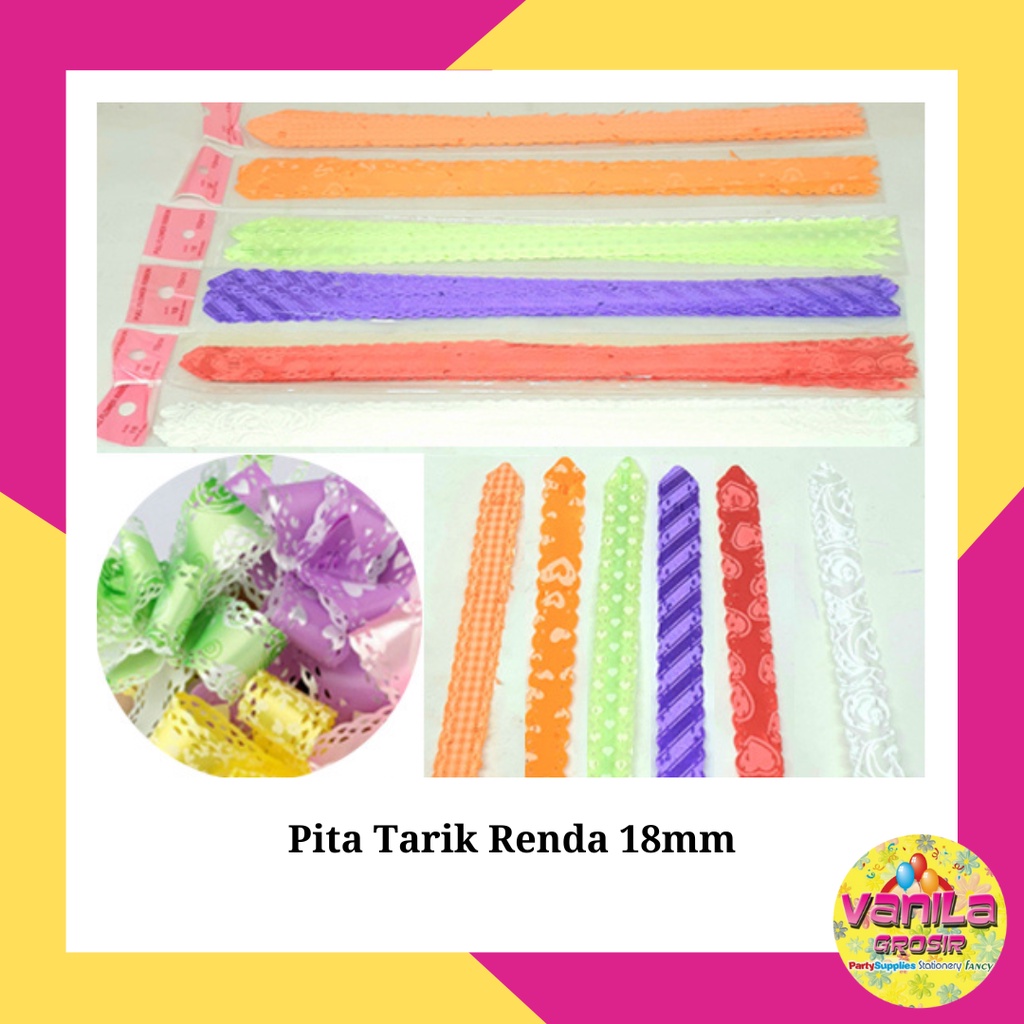 

(200 Pcs) Pita Tarik Renda Uk 18mm, pita motif, pita serut, pita bingkisan, pita kado