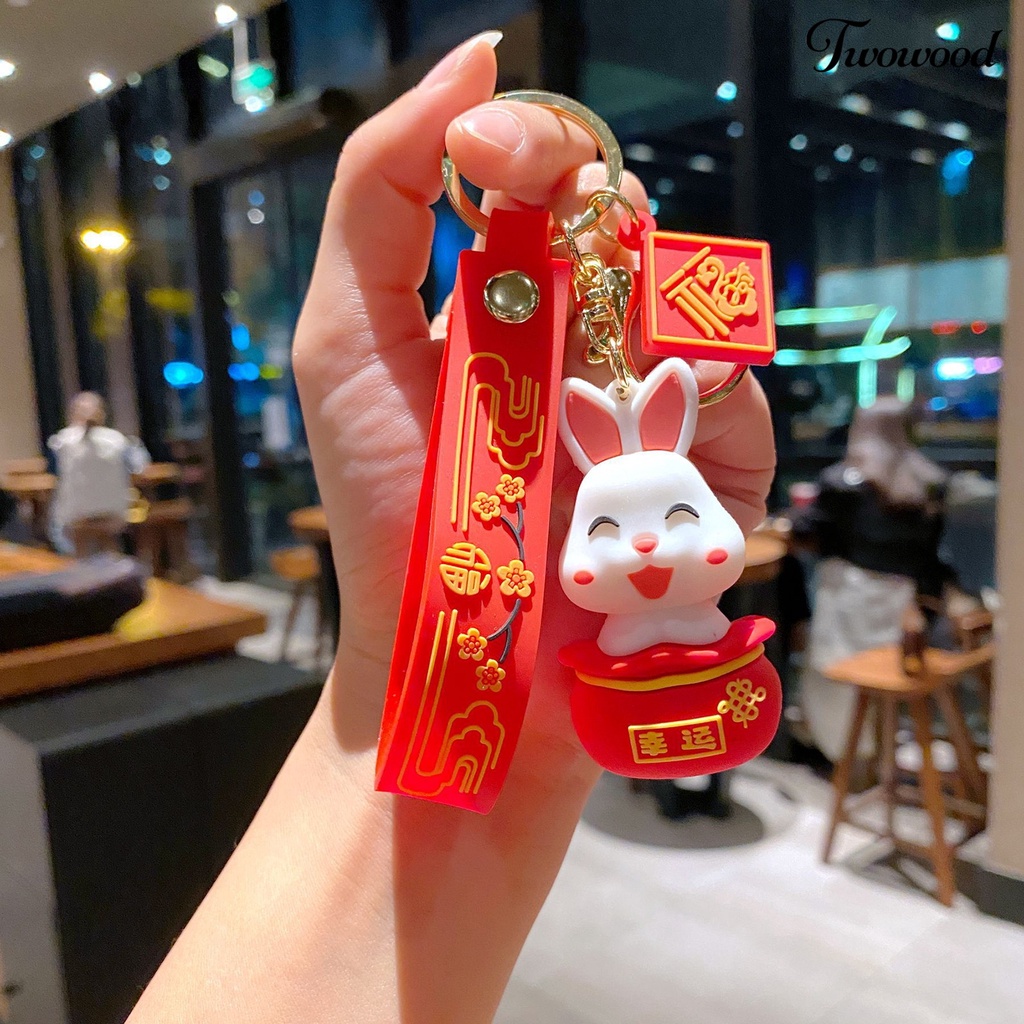 Twowood Rabbit Key Chain New Year Zodiak Maskot Harapan Terbaik Merah Hias Motif Bunga Tas Sekolah Bunny Key Pendant Hadiah
