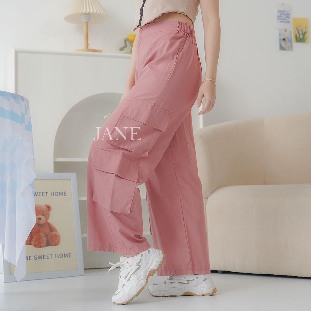 JANE COLLECTION || Celana Panjang Kain Hitam Perempuan Kulot Katun Kantong Pinggang Karet Cewek Coklat Celana Kargo Pocket Liana