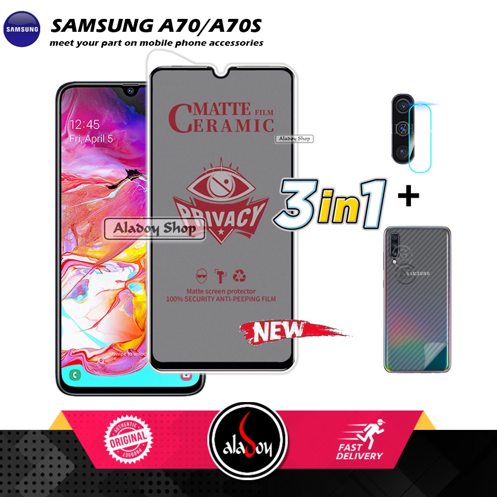 Tempered Glass Anti SPY Samsung A70/A70S Anti Gores Privacy + Tempered Glass kamera dan Skin Carbon