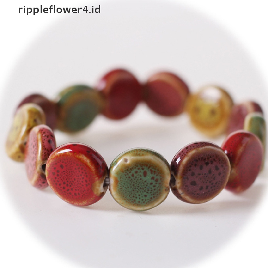 {rippleflower4.id} Gaya Etnik Fashion Glasir Keramik Manik-Manik Dainty Bracelets Strand Bracelet Multicolor Elastis Loves'Kado 1biji~