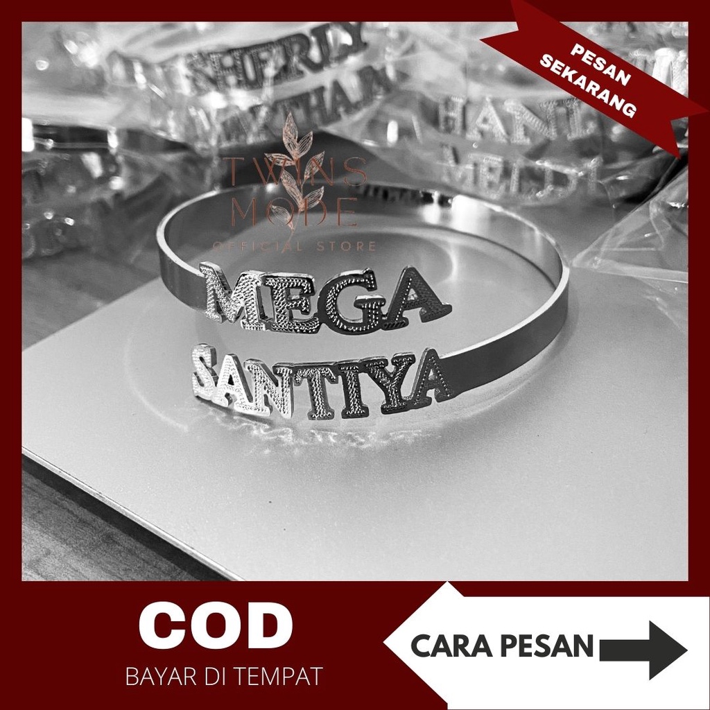 Gelang Bangle Custom Nama Pasangan Warna Titanium Sanagat Awet Cocok Untuk Harian Untuk Wanita Cewek