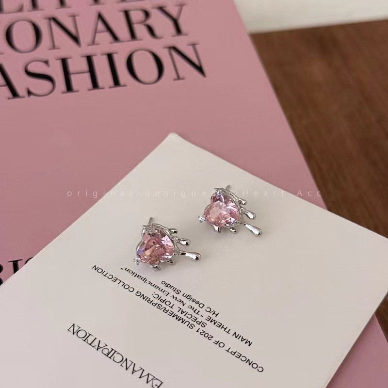 Anting Stud Wanita Korea Gaya Pink Zirkon Cinta Hati Anting Tusuk Halo Perhiasan Cewek