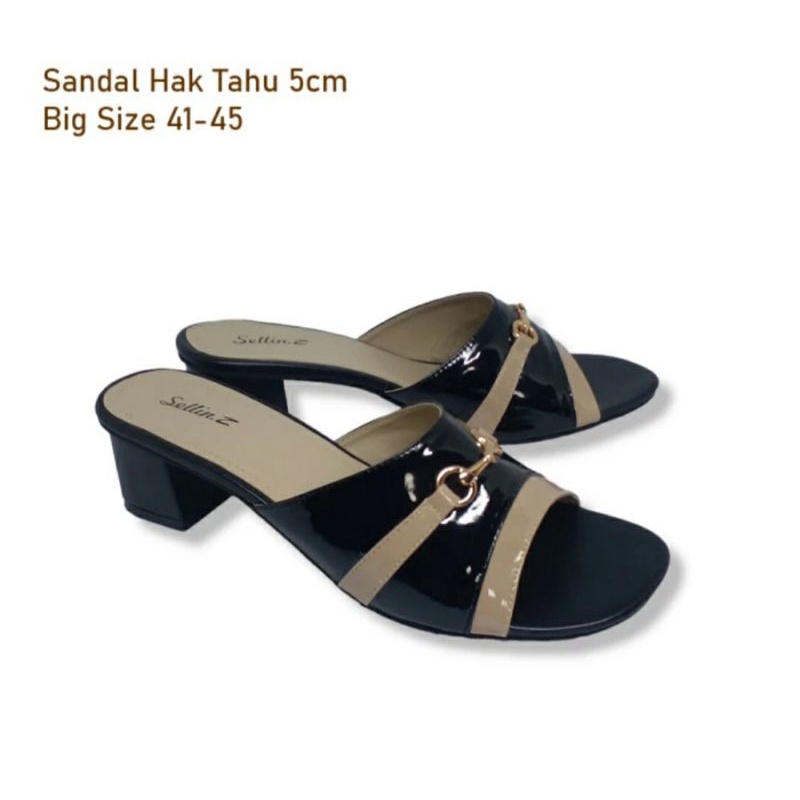 OVERSIZE 41-41-42-44-45 Sandal Slop Kulit Glosy Wanita Kaki JUMBO Heels Hal Tahu 5cm Pengajian Pesta Nikahan Kaki Besar Hitam, 41