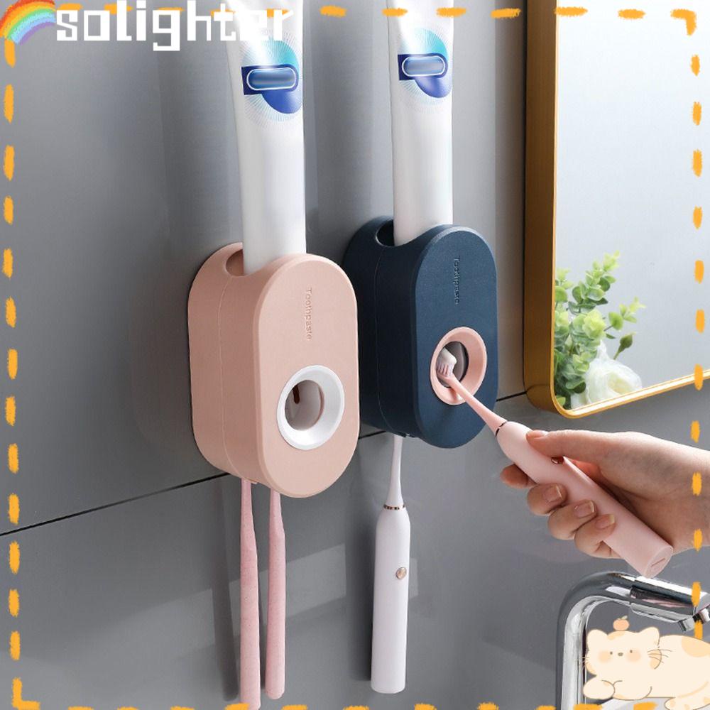 Solighter Tempat Sikat Gigi Set Toilet Pemeras Otomatis Tahan Debu Rolling Wall Mount Stand