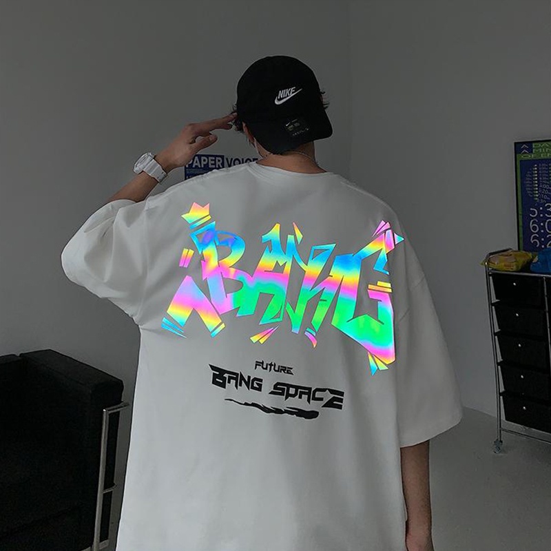 KAOS PASANGAN MEREK RETRO LENGAN PENDEK AMERIKA BF GAYA LASER REFLEKTIF KEBESARAN OVERSIZE LENGAN TIGA PEREMPAT