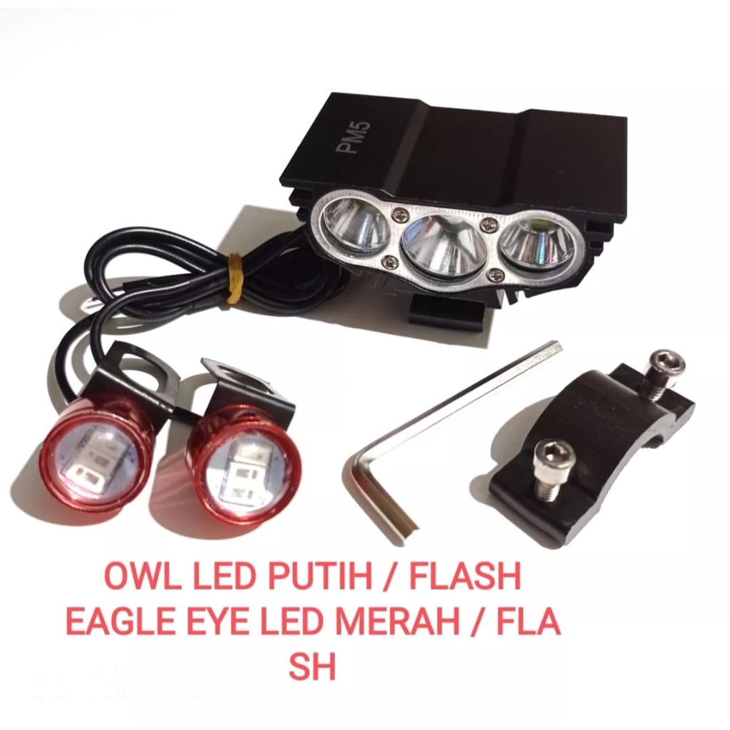 paket lampu tembak owl 3 mata cahaya putih+lampu led mata elang universal semua jenis motor