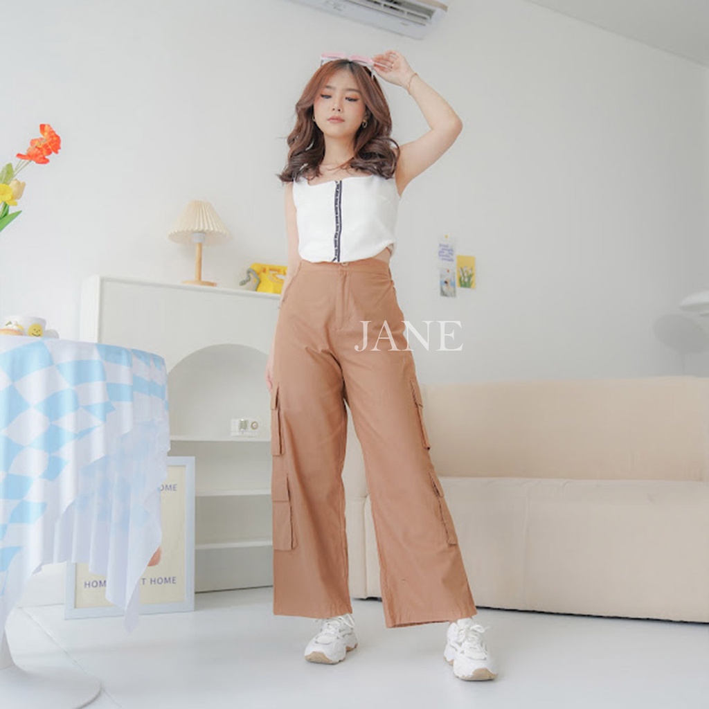 JANE COLLECTION || Celana Panjang Kain Hitam Perempuan Kulot Katun Kantong Pinggang Karet Cewek Coklat Celana Kargo Pocket Liana