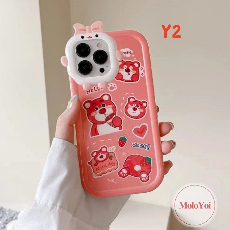 Case Kompatibel Untuk iPhone 6s 6 8 7 Plus 11 Pro Max13 12 14 Pro Max14 Plus XR X XS Max SE 2020 3D Bow-knot Little Monster Lens Kartun Lucu Manis Strawberry Bear Manyo Soft Cover