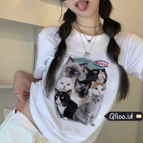 Print T-shirt Kaos Lengan Pendek Cartoon Cat Family Oversize Korean Style