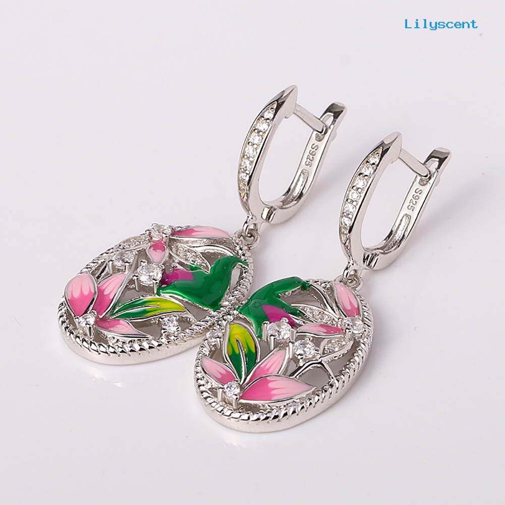 [LS] Lady Enamel Bunga Berlian Imitasi Oval Menjuntai Anting Kalung Cincin Perhiasan Hadiah