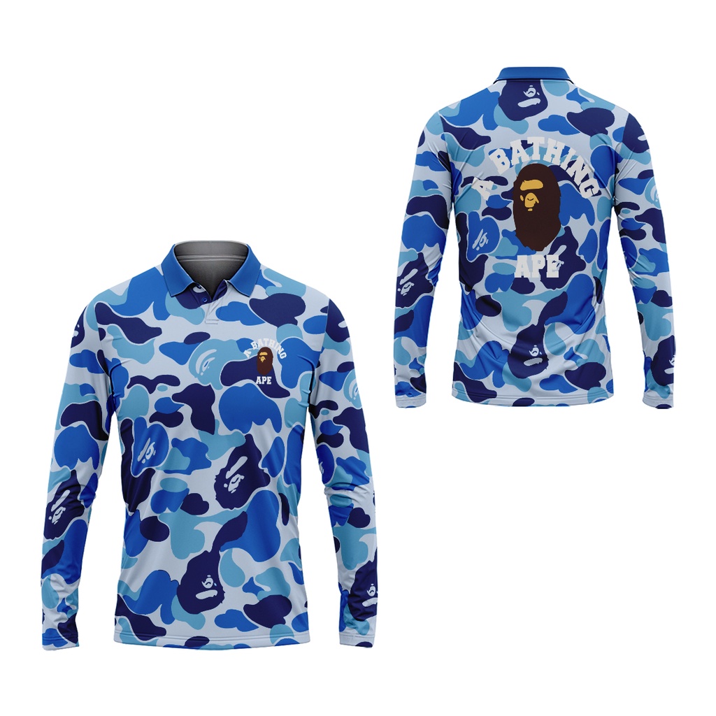 TiniShop - Kaos Polo Lengan Panjang Pria A Bathing Ape Bape Fullprint