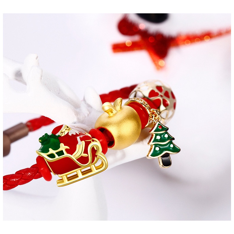 Goldkingdom Perhiasan Fashion Emas Asli Kadar 375Bangkok Aksesoris Ready Stock Berlapis Emas Gelang Apel Natal Hawa 3D Pohon Natal Sleigh Transfer Hadiah Manik-Manik
