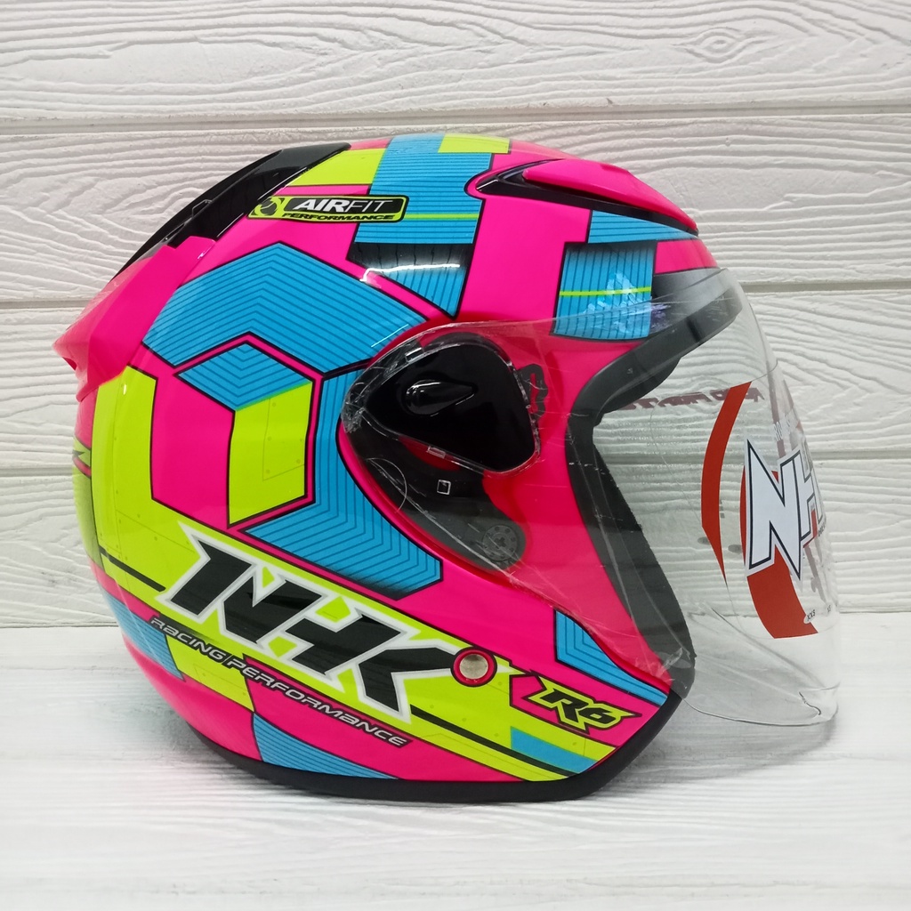 NHK R6 Motif Cube Pink Flou Stabilo Biru kuning  - Helm NHK Half Face