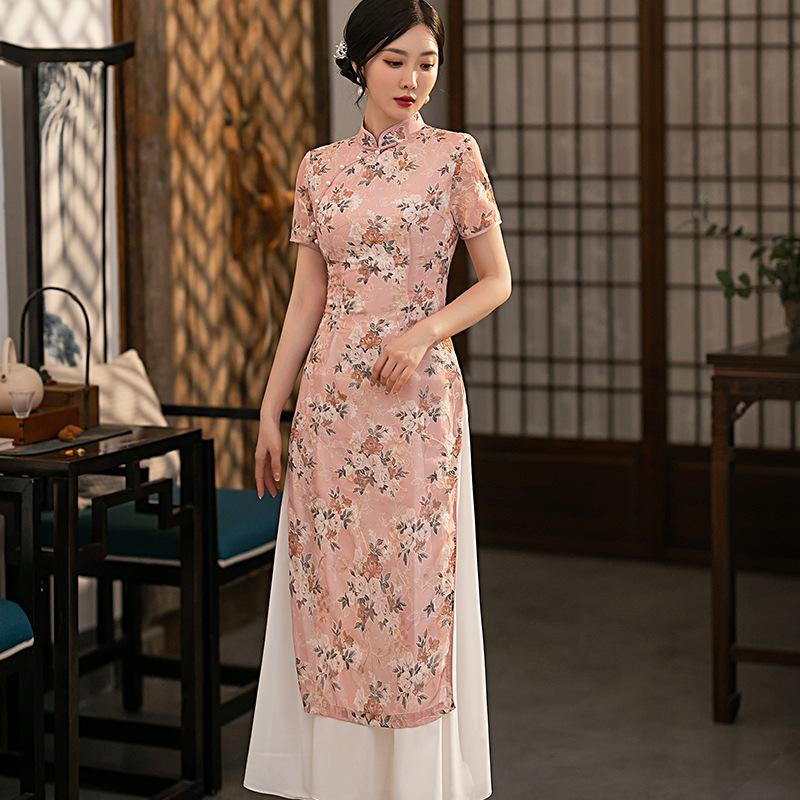 Cheongsam Qipao Sifon Pink Hanfu 3XL Wanita Rok Panjang Betis Elegan