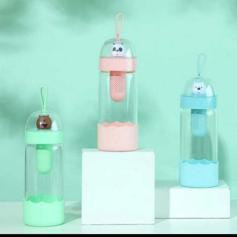 We Bare Bears Botol Minum Kaca 370ml - MINISO Botol Minum Dengan Penyaring Teh