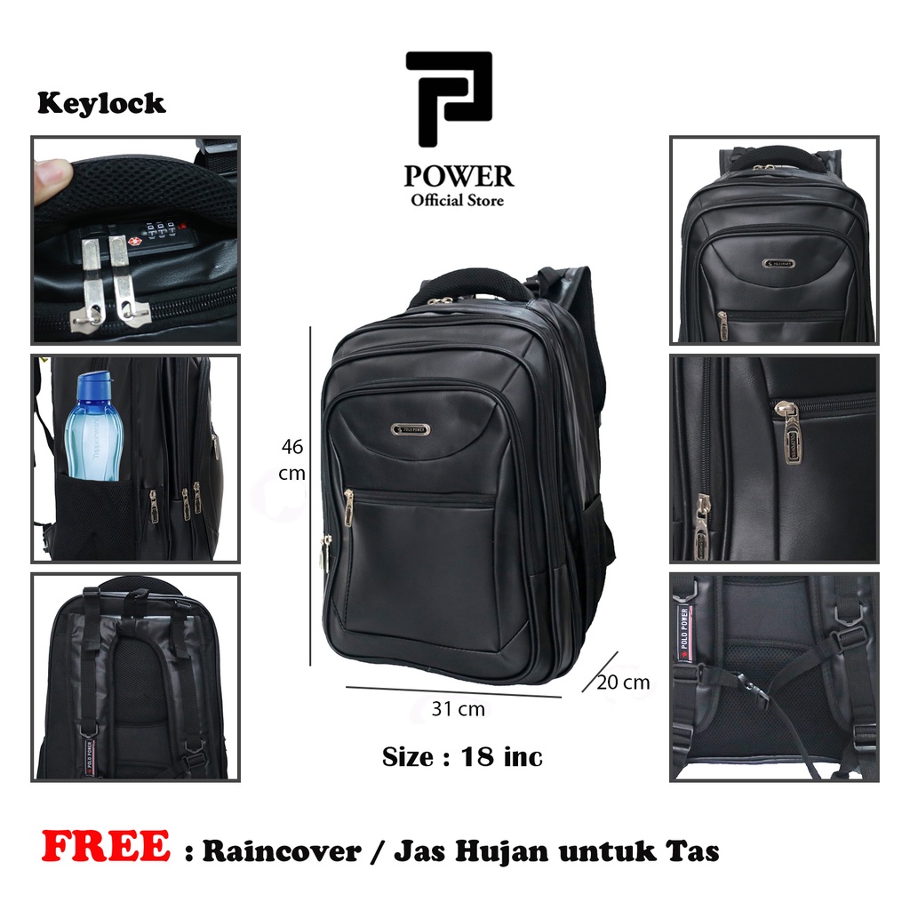 Polo Power - Tas Kulit Import Ransel Laptop Expanding Backpack Leather Import Ransel Kulit + Kunci