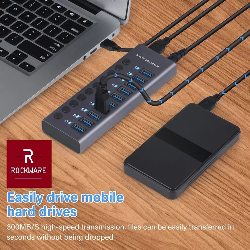 ROCKWARE WLX-985A - 10 Port USB 3.0 HUB - 5Gbps Hi-Speed Transmission