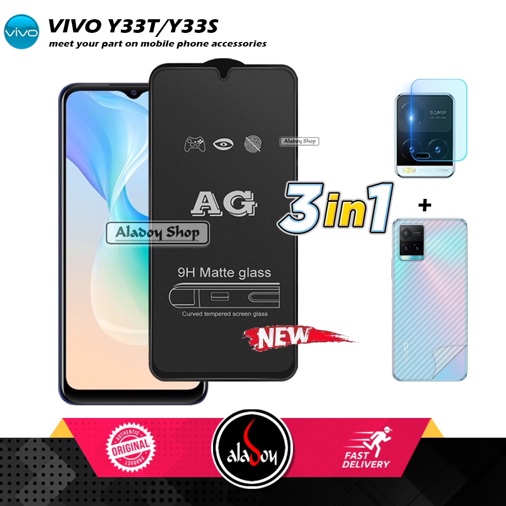 Paket 3IN1 Tempered Glass Layar Matte Anti Glare VIVO Y33T/Y33S Free Tempered Glass Camera dan Skin Carbon