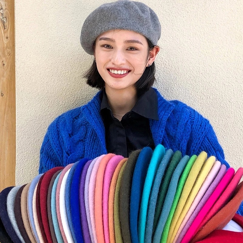 [Hot Sale] Korea Fashion Baret Wol Hangat/Retro Solid Colours Beret Hats/Topi Kupluk Musim Dingin Gaya Artis Perancis Untuk Wanita Perempuan