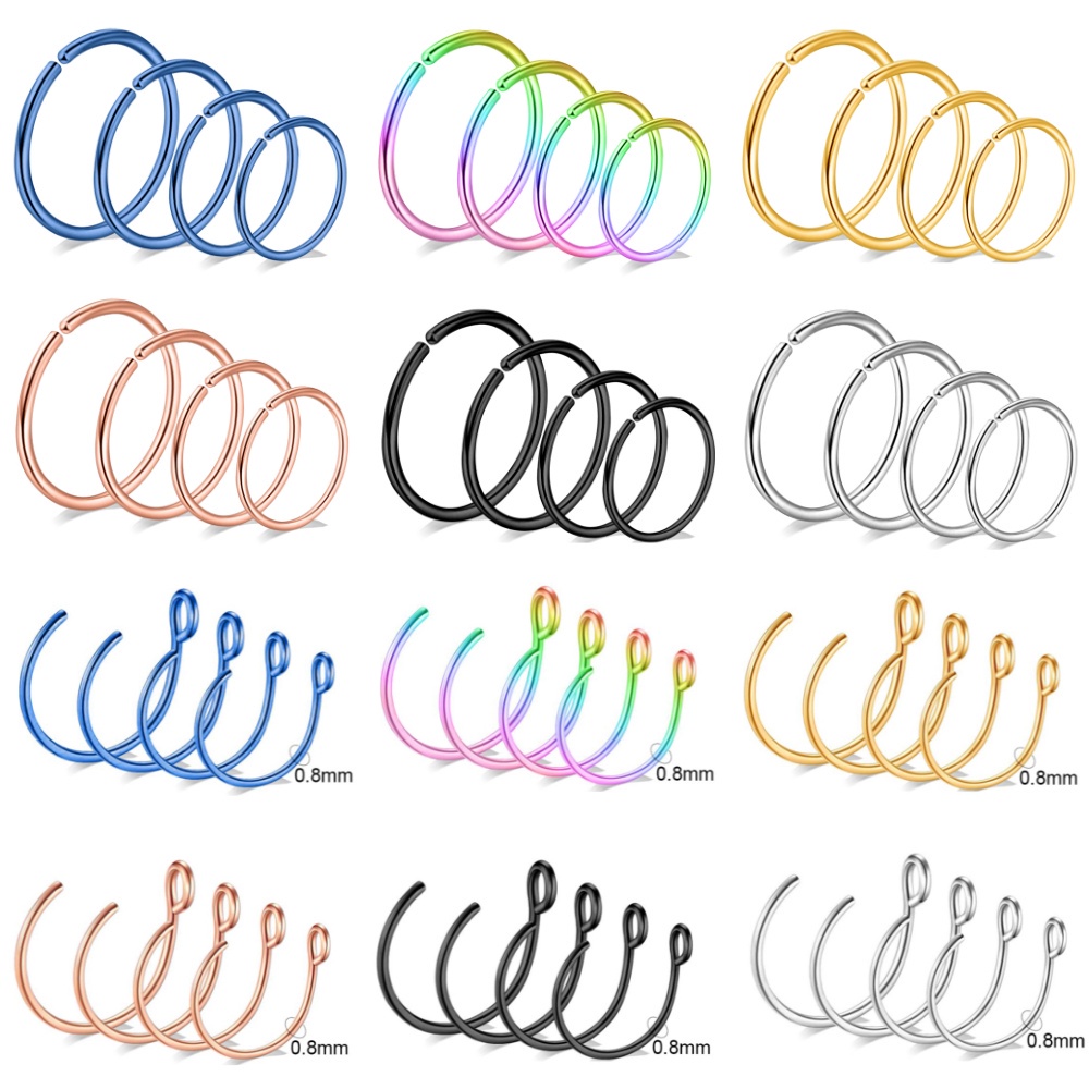 24pcs 20G Stainless Steel Septum Hidung Cincin Hidung Tindik Hidung Bulat Septum Piercing Hoop Clicker Cartilage Earrings