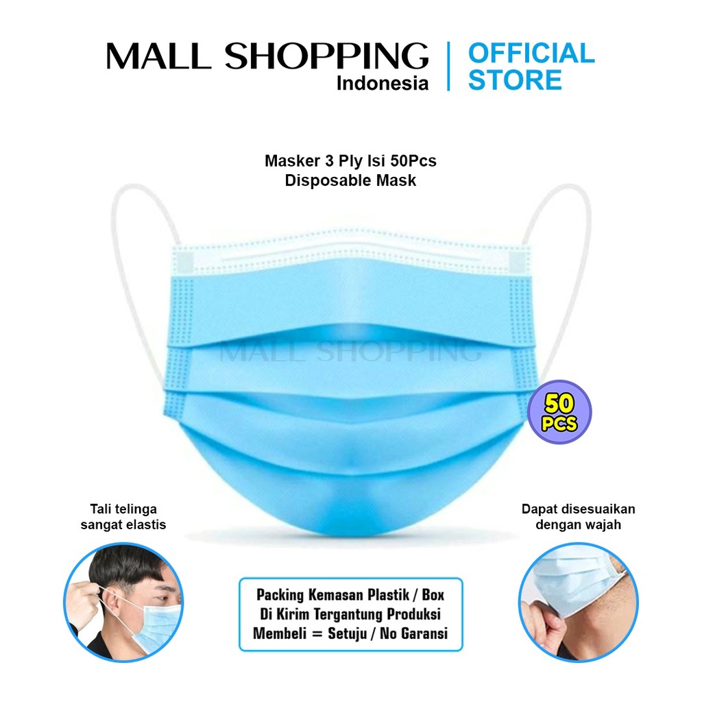 (COD) Masker 3 Ply ISI 50PCS Disposable Protective Mask Earloop Masker Pelindung MALL SHOPPING