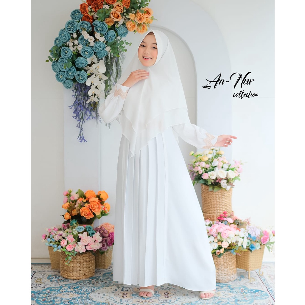 GAMIS SET KHIMAR RANIA ORI ANNUR ITYCREPE MIX CERUTY ALETA RENDA ESTETIK KOREAN OUTHER LOOK BAJU MUSLIM SYARI GAMIS PUTIH MANASIK HAJI UMROH