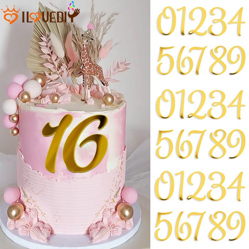 10pcs Halus Dessert Decor Aksesoris Golden Acrylic Digits Insert Card 0-9 Angka Topper Kue Muffin Ice Cream Cupcake Ornamen Untuk Ulang Tahun Pernikahan Anniversary