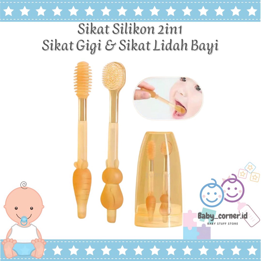 Sikat Gigi Bayi Anak Training Silicone | Sikat gigi bayi sikat lidah 2 in 1 dgn kotak penyimpanan | Teether Anti Sedak Dengan Pelindung