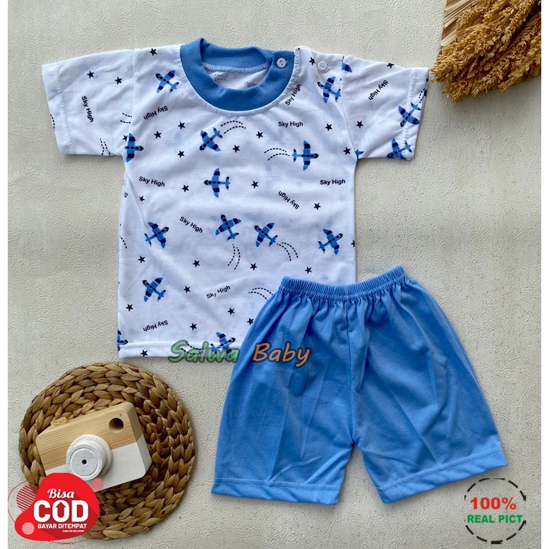 Setelan Baju Bayi Lengan Pendek Motif Pesawat Usia 3-12 Bulan