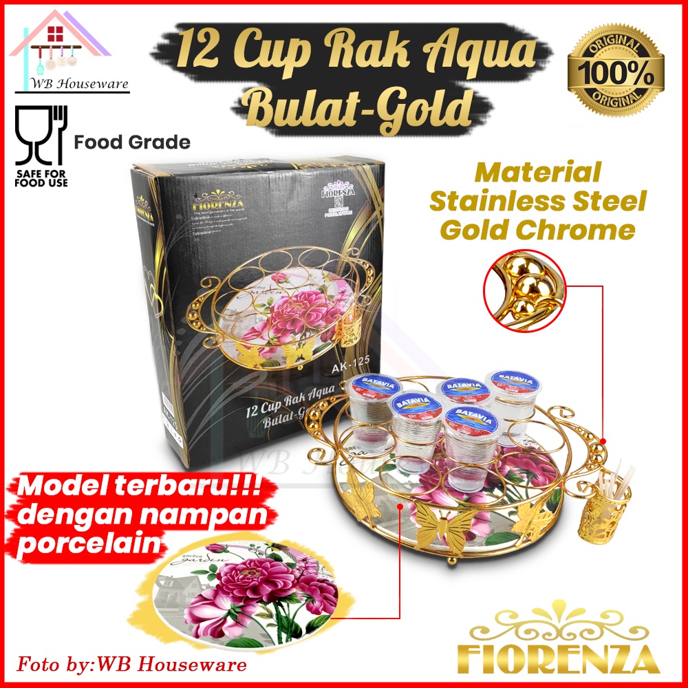FIORENZA Rak aqua 12lubang stainless gold bulat AK-125 / tempat minum cup aqua gelas segi