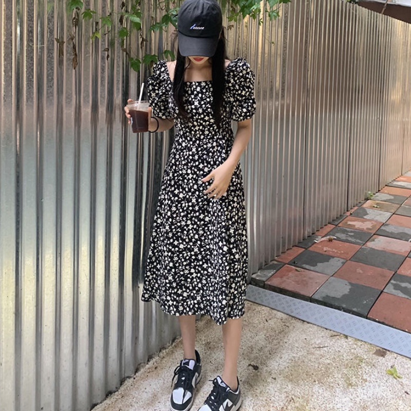 MOOGU ♡ Dress korea floral midi dress multi-warna dres wanita