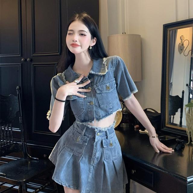 Suhao High-End Manis dan Pedas Goreng Street Denim Suit Musim Panas Wanita One-Piece Retro Lengan Pendek atasan dan Rok Dua Potong Set