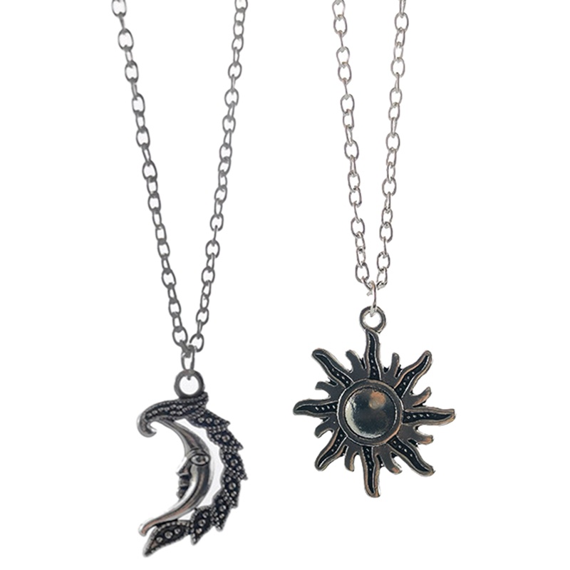 Antik Warna Perak Matahari Bulan Liontin &amp; Kalung Pecinta Retro Pendek Rantai Choker Kalung Teman Wanita Fashion Perhiasan