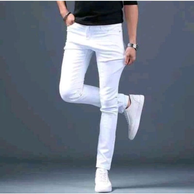 Celana jeans pria putih polos slimfit skinny - Putih