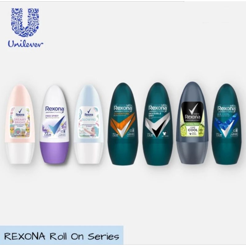 REXONA GLOWING WHITE MEN INVISIBLE DRY ICE COOL DAN DREAMY BRIGHT DEODORANT ROLL ON FREE SPIRIT POWDER DRY