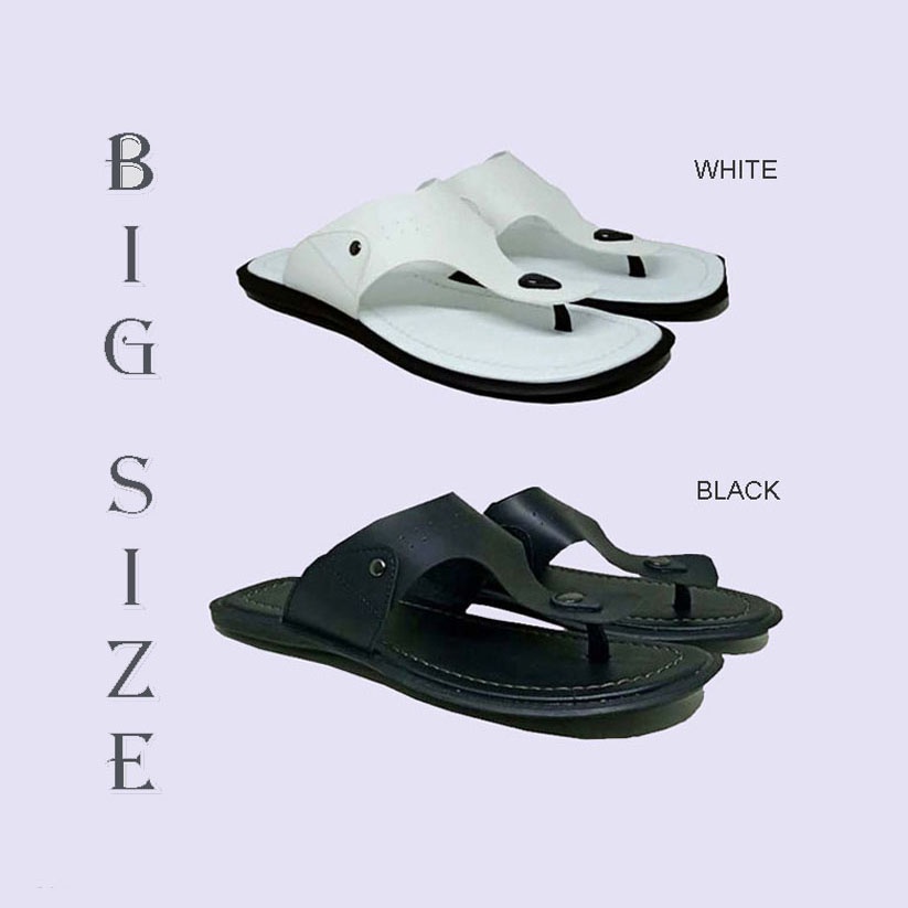 Sandal Slide Pria Kulit Asli | Sendal Selop Hitam-Putih | Ukuran Kaki Besar Jumbo