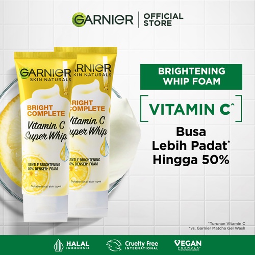 Garnier Bright Complete Vitamin C Super Whip Foam 100 ml 2 pcs - Facial Wash Kulit Cerah Busa Lembut
