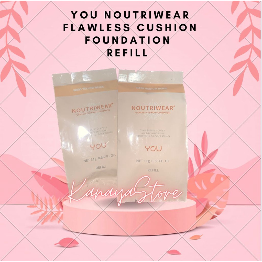 YOU Noutriwear+ Flawless Cushion Foundation | Nourishing | Poreless Full Coverage | SPF 40 &amp; PA+++ | Tahan Lama 16 Jam | Refill | Kosmetik